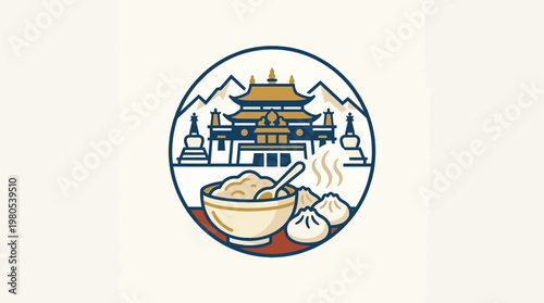 Tibetan Food Logo with Temple Mountains and Momo
