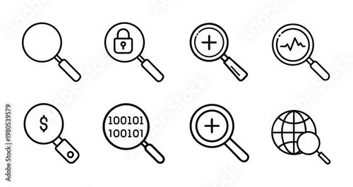 Search and analysis web line icons set featuring security lock zoom in financial money search binary code global network identification and more Vector Illustration with editable stroke