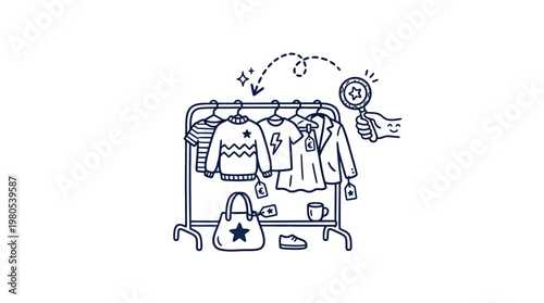 Clothing Rack with Magnifying Glass Searching for Stars