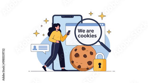 Woman uses smartphone near large chocolate chip cookie and security lock to illustrate internet cookie consent policies.