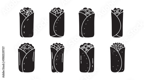 Diverse Burrito Icons in Clean Silhouette Style on White Background