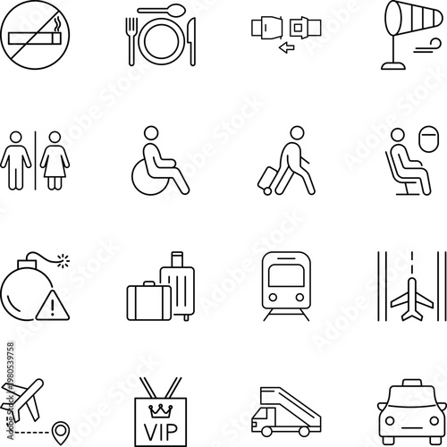 Travel and public transportation vector icon set, airplane, luggage, train, seatbelt, taxi, restroom, no smoking, wheelchair