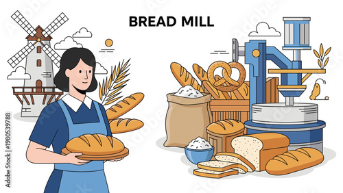 Traditional bakery concept shows a woman with fresh bread near a windmill bags of flour and industrial grain milling equipment.