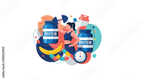 Fitness and nutrition illustration shows an athletic woman surrounded by protein powder supplements fruit and workout gear.