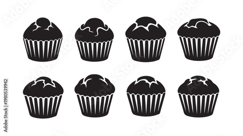 Eight delicious muffins arranged in two rows on a white background with a clean silhouette style