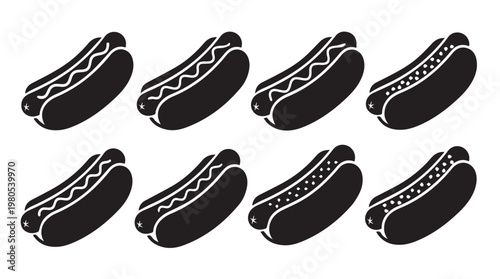Eight Hot Dogs in Buns with Condiments in a Row Against a White Background Vector