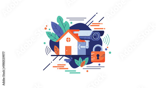 Modern home security system illustration depicts a smart house protected by a large surveillance camera and a secure lock.