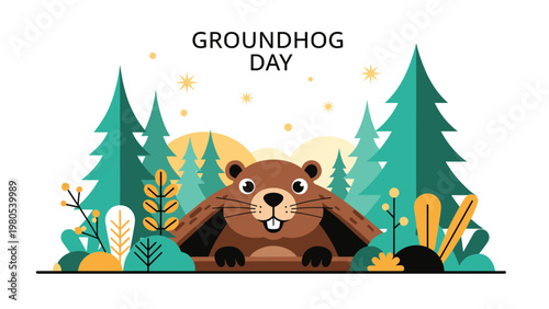 Groundhog day illustration shows a cute groundhog peeking out from its burrow in a forest setting with evergreen trees.