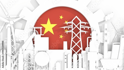 Industrial plant and manufacture buildings. Energy generation and heavy industry. Flag of China in turning gear. Sustainable energy generation. Heavy industry metaphor animation. 3D render