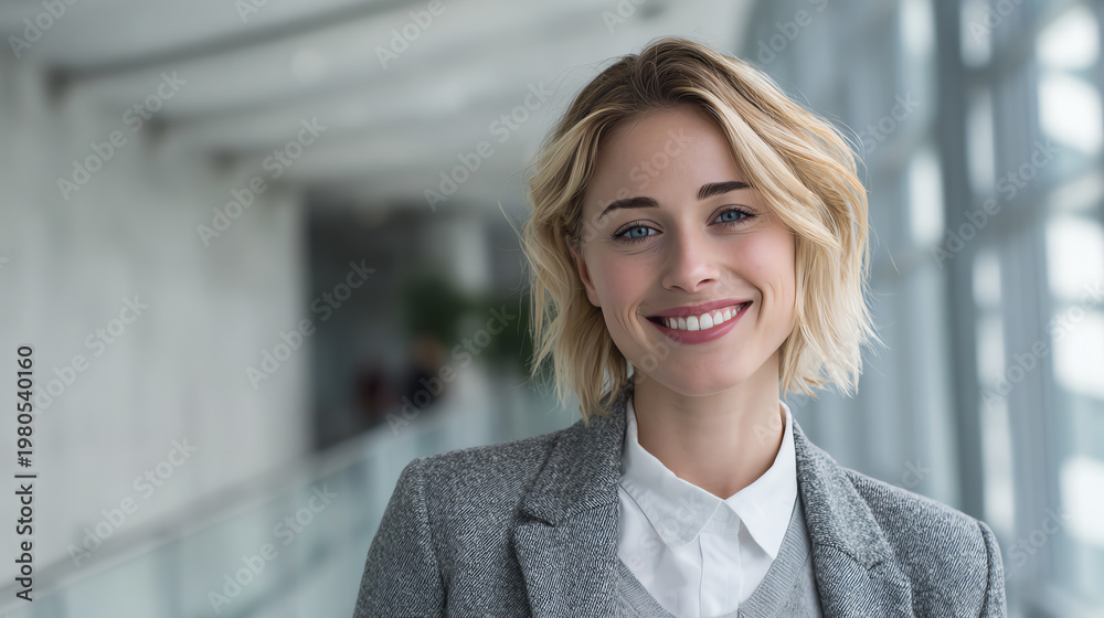 Fototapeta premium Confident business woman smiling in a modern office environment, showcasing professionalism and positivity.