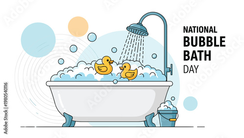 National bubble bath day illustration shows a bathtub overflowing with soapy foam and two yellow ducks under a shower.
