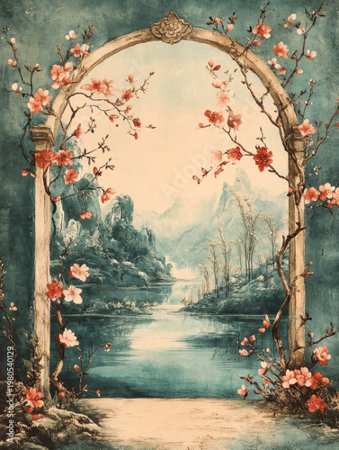 Arch stone flower blossom branch lake mountain valley mist landscape dreamy arch stone framing gentle flower blossom branch over calm lake and distant mountain valley pale mist landscape fantasy