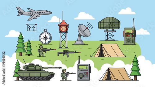 Military base and equipment set features a plane tank soldiers tents radar and communication devices in a field setting.