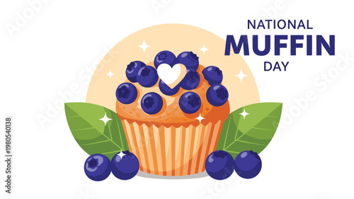 National muffin day graphic features a delicious blueberry muffin with a heart decoration and fresh berries on the sides.