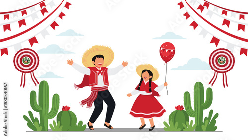 Peruvian national day celebration features children dancing in traditional costumes with flags cacti and a festive balloon.