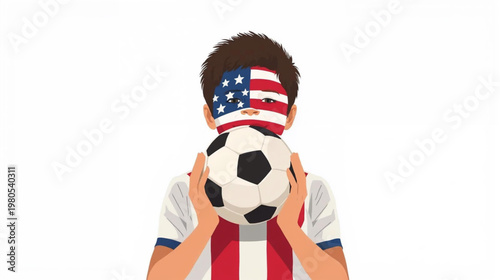 vector illustration of A young boy with American flag face paint holding a soccer ball on white background