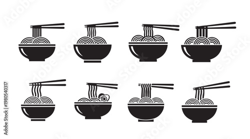 Noodle Bowls with Chopsticks Collection Silhouette