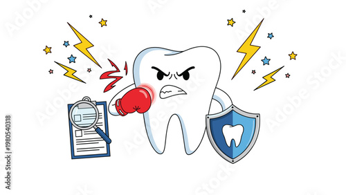 Dental health and tooth protection concept features a tooth character with a boxing glove and shield fighting off pain.