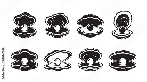 Open oyster shells with pearls inside against a white background simple graphic design