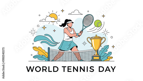 World tennis day illustration features a female athlete hitting a tennis ball over the net with a championship trophy nearby.