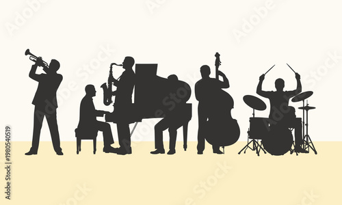 Silhouette of a jazz band performing.