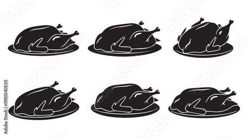 Roasted poultry collection on platters in a simple silhouette style