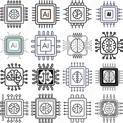 Ai chip and microprocessor icons with artificial intelligenc
