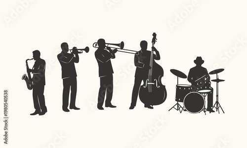 Silhouette illustration of jazz band musicians playing.