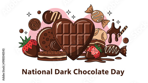 National dark chocolate day celebration with various sweet treats like cookies, dipped strawberries, and candy pieces.