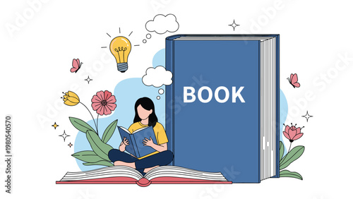 Young woman sitting and reading a small book in front of giant blue book with flowers and lightbulb idea symbols.