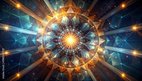 A vibrant, symmetrical, abstract design with glowing orange and blue geometric patterns