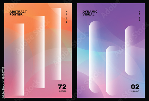 Minimalist abstract poster templates highlighting smooth pastel gradient backgrounds and translucent vertical pill shapes for elegant corporate flyer branding vector design
