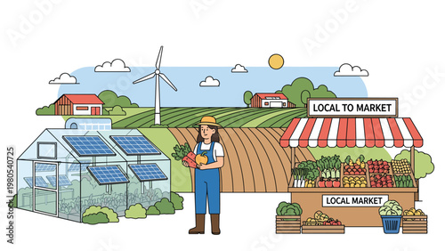 Local market and sustainable farming concept with farmer holding vegetables near greenhouse and renewable energy.