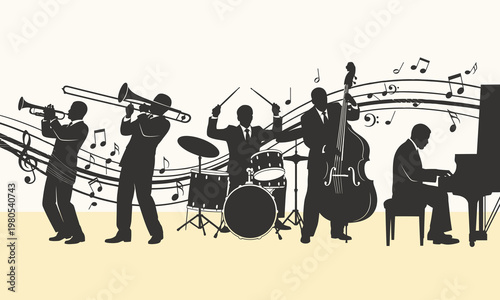 Jazz musicians playing musical instruments together.