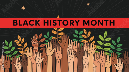 Black history month concept with diverse group of hands raised together against background of colorful autumn leaves.