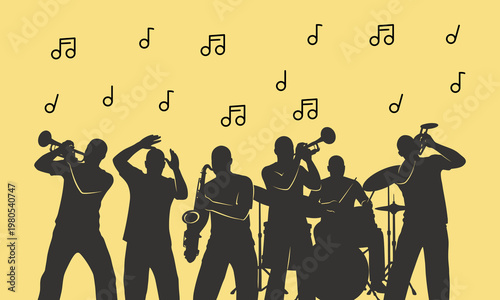 Silhouettes of musicians playing jazz instruments.