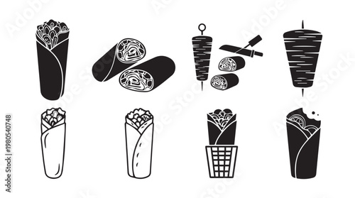 Shawarma and Doner Kebab Icons with Skewers and Slicing Knives