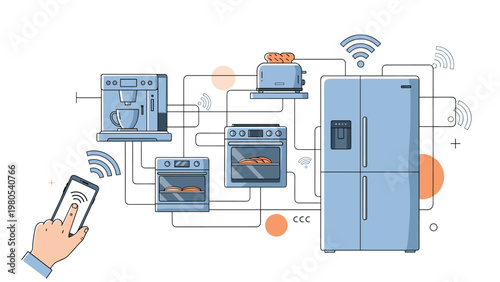 Smart home automation system showing hand using smartphone to control kitchen appliances via wireless wifi connection.