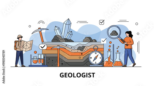 Professional geologist team studying earth layers with magnifying glass, compass, crystals, and laboratory equipment.