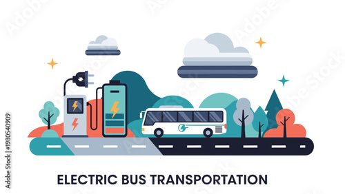 Electric bus transportation concept featuring zero emission vehicle at charging station in a mountain landscape.