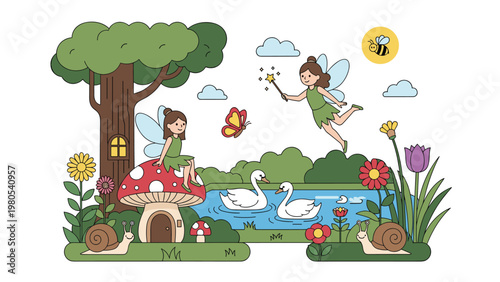 Enchanted fairy garden scene with fairies flying near mushroom house and white swans swimming in a blue pond.