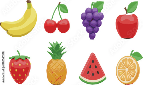 Colorful fruit icons set with banana, cherry, grape, apple, strawberry, pineapple and watermelon, fresh healthy food vector collection isolated on white background