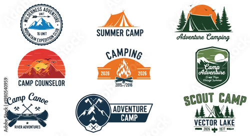 Vintage camping badges and summer camp logos, set of 9 vector wilderness adventure emblems, retro scout camp and mountain expedition labels