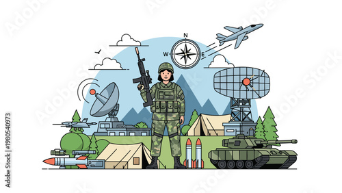 Military defense concept with female soldier standing near tank, missiles, radar system, and mountain background.