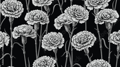 Detailed monochrome pattern of carnation flowers with long stems filling a black background for a classic and elegant botanical textile.