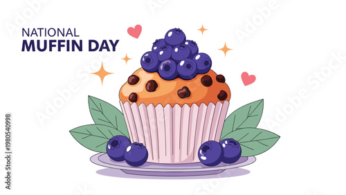 Blueberry muffin with chocolate chips served on plate with green leaves and fresh berries for national muffin day.