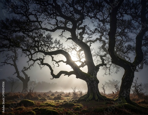 Fog-shrouded forest scene with gnarled trees, sunlight piercing the misty atmosphere