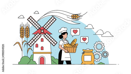 Traditional bakery scene with woman holding bread basket near windmill, wheat stalks, and flour sacks in nature.
