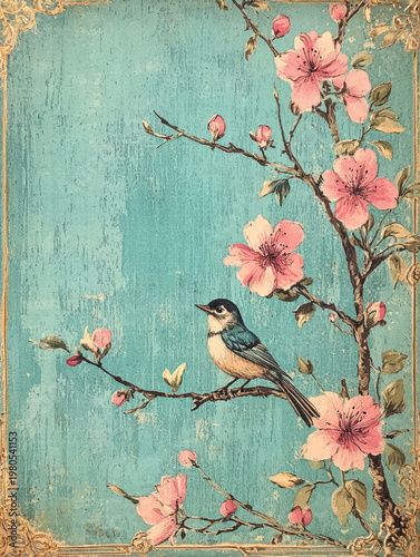 Vintage bird cherry blossom floral branch turquoise background antique frame spring nature songbird pastel art romantic illustration shabby chic decor Vintage bird cherry blossom branch against