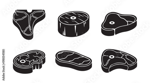 Six Black Steak Cuts Isolated on White Background Vector Graphic